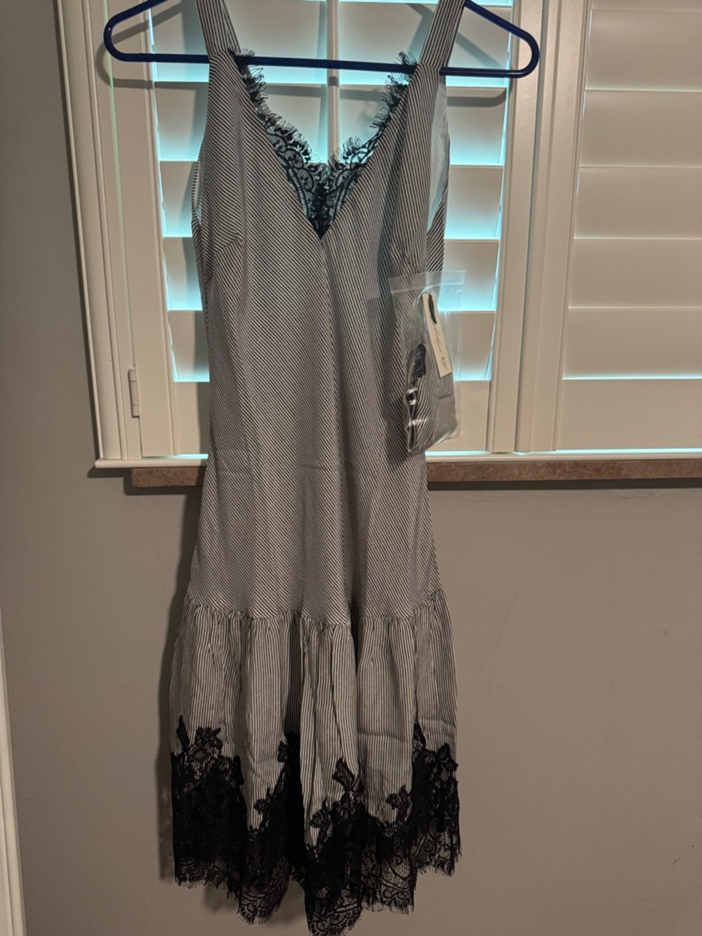 Striped V-Neck Midi Dress with Black Lace Trim